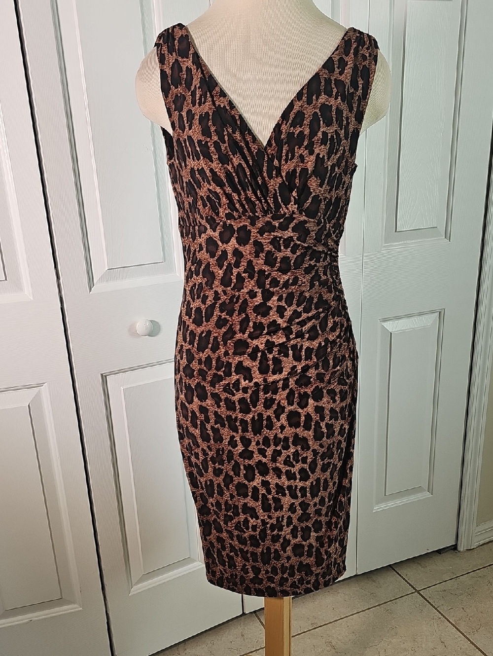 Ralph Lauren Black and Brown Leopard-Print Size 8 Rouching Sleeveless Midi Dress